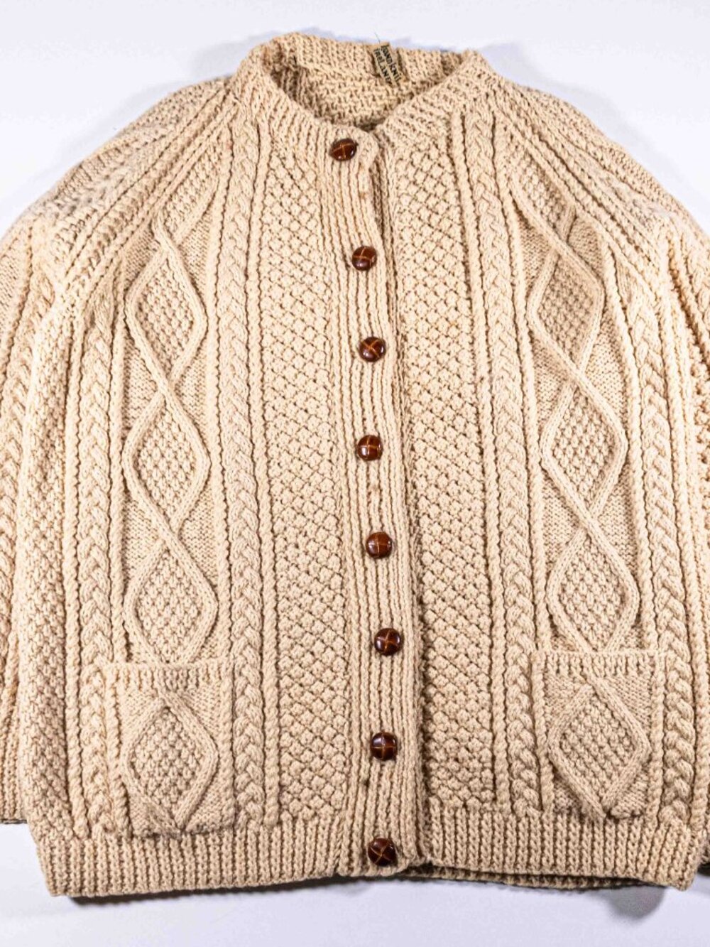 Vintage Hand Knit Irish Wool Cable Knit Fisherman Cardigan Sweater Mens Large L